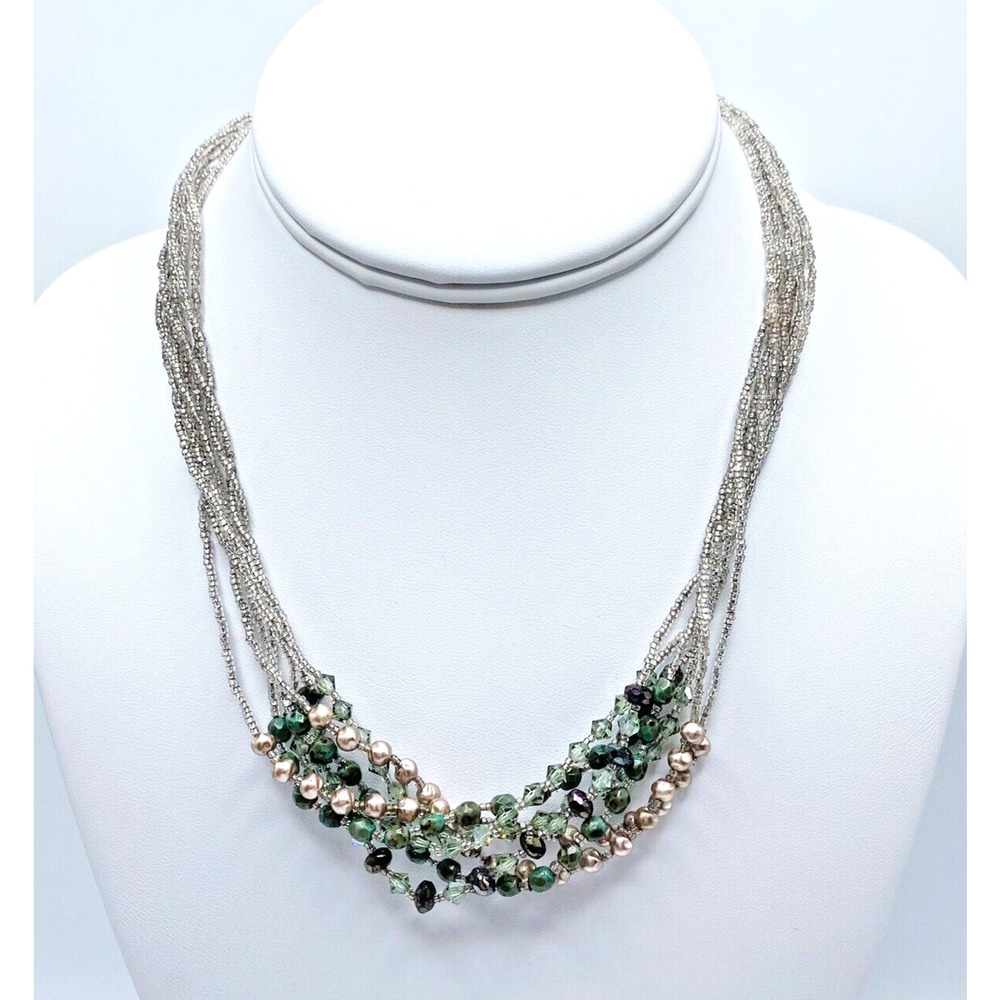 Designer Rachel Reinhardt Multi Strand Beaded Necklace Torsade Silver Green 16”